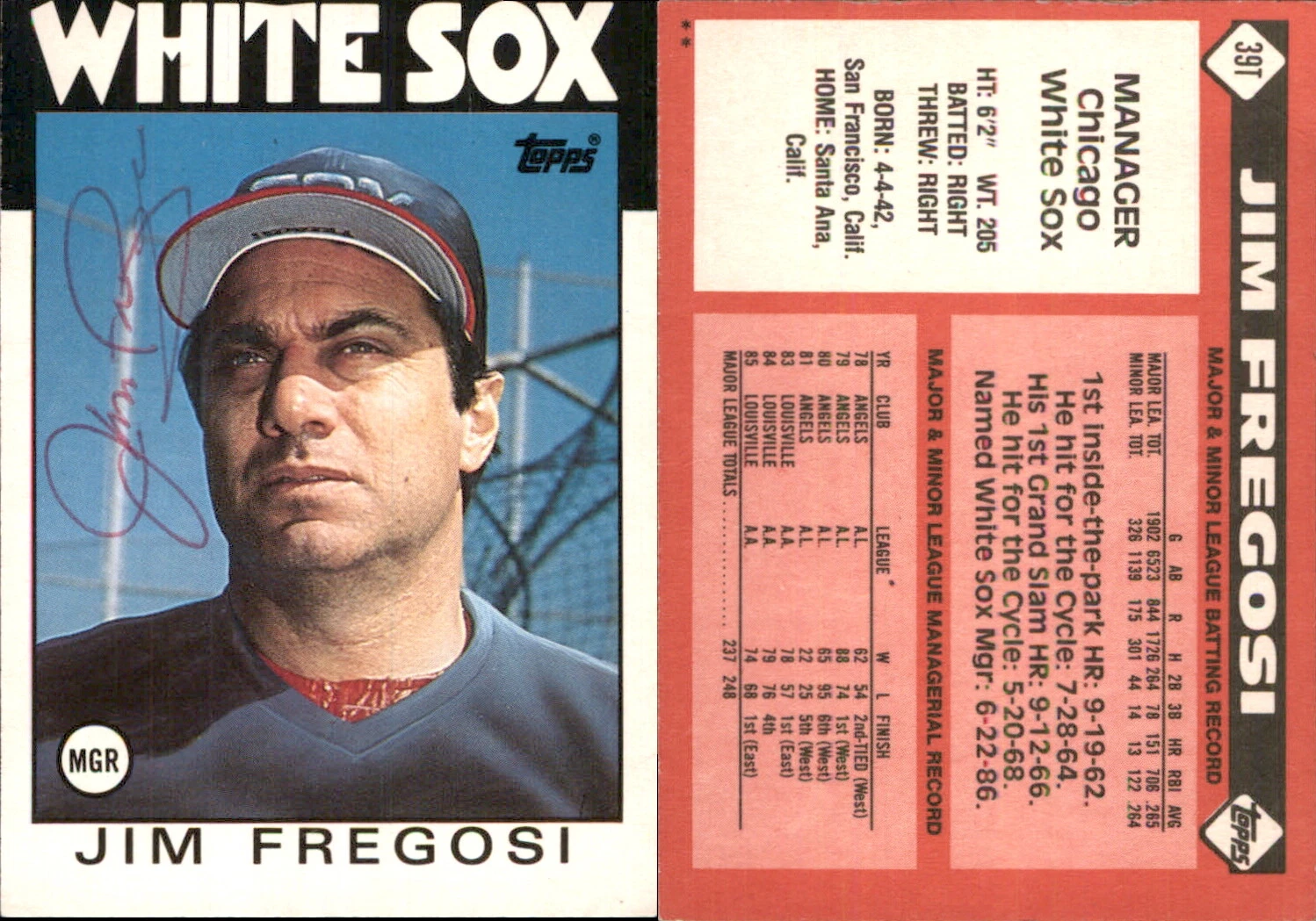 Jim Fregosi Signed 1986 Topps Traded #39T Card Chicago White Sox Auto AU