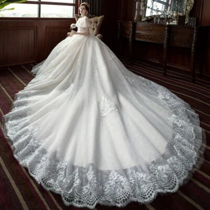 Wedding Dress Long Train Ball Gown Batwing Sleeve Princess V Nrck Dress Robes - Picture 1 of 11