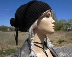 Extra Long Black Beanie Tam Cotton Knit Hat Bohemian Clothing Leather Tie Back - Picture 1 of 11