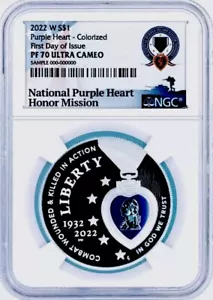2022 COLORIZED PURPLE HEART Silver Dollar NGC PF70💥FLAWLESS QUALITY💥FDOIwtCOA - Picture 1 of 5