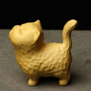 Cute Wood Carving Kawaii Cat Statue Sandalwood Room Home Decor Animal Decorative - Picture 1 of 5