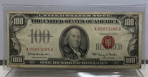 1966 Hundred Dollar Legal Tender United States Note Red Seal $100 Bill Cover
