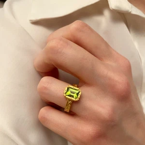 Antique Emerald Cut Natural Peridot 14K Gold Plated 925 Silver Engagement Ring - Picture 1 of 5
