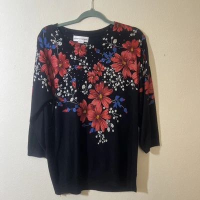 Женский пуловер Cathy Daniels XL, черные красные цветочные стразы акценты - Изображение 1 из 4