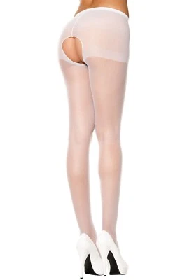 Pure White Sheer Crotchless Open Bottom Nylon Tights Sexy Designer Lingerie P800 - Imagem 1 de 4