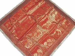 Maroon Peacock Table Linens - Brocade Zari India Sari Tablecloth Topper 48" - Picture 1 of 4