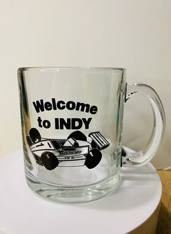 Vintage “Race To Indy” Glass Mug Cup Indy Car Racing Souvenir Indianapolis RARE Cover