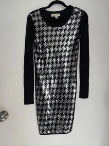 MICHAEL KORS Black& Silver herringbone Shift Dress Jersey Size S gold logo Shine - Picture 1 of 9