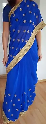 TOP Sari Indiani, Bolywood Indaco Blu Con Ornamenti In Argento Con Camicetta • 39€