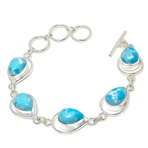 Blue Larimar Gemstone Handmade 925 Sterling Silver Jwelery Bracelet Size 7-8" - Picture 1 of 1
