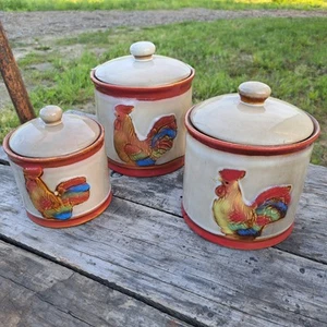Vintage Rooster Chicken Canister Amish Glazed Kitchen Pottery Set of 3 Farmhouse - Picture 1 of 5