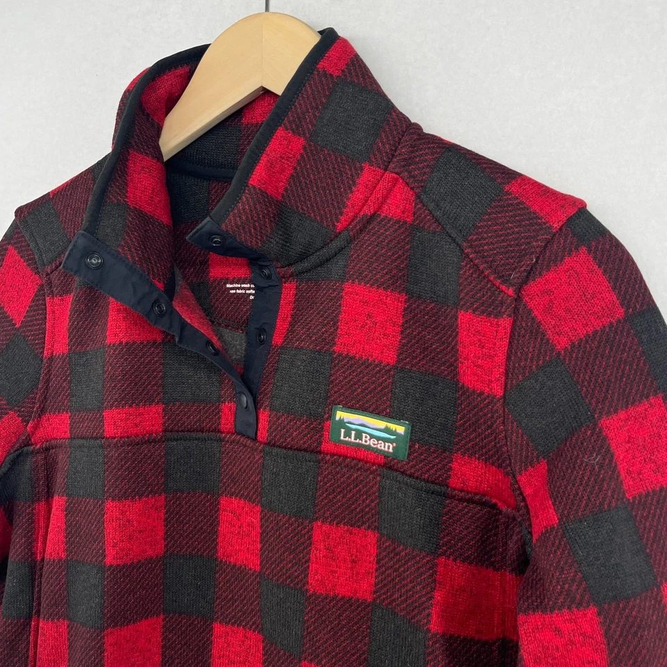 LL BEAN Suéter Polar Mujer L Cuadros Búfalo 1/4 Pullover a Presión Bolsillos Canguro Foto 1 de 4
