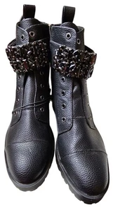Karl Lagerfeld Combat Black Boots Paris Embellished Strap Payson Pippa 8.5 READ - Picture 1 of 8