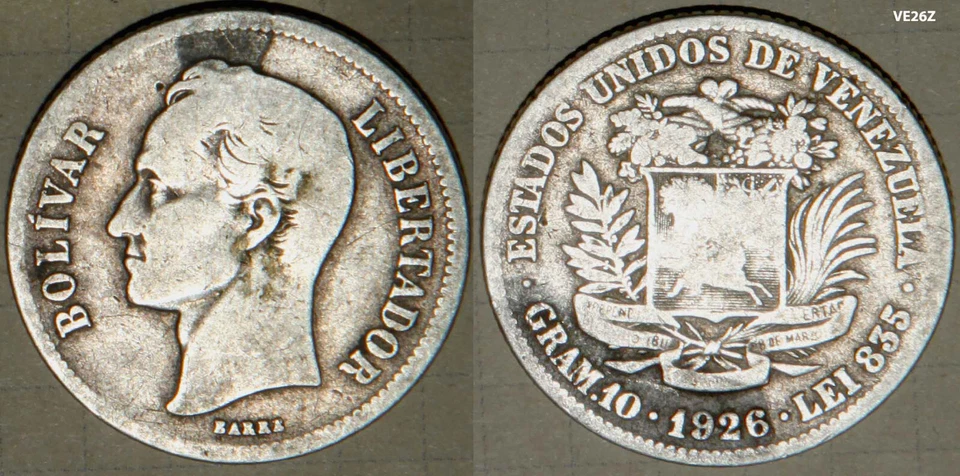 Moneda de plata fina Plata Libertad Venezuela 1926 2 bolívares Foto 1 de 1