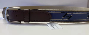 The Belted Cow Hockey Leather Tab Belt Blue Ribbon Tan Canvas Brass Bkl Size 38 - Picture 1 of 11