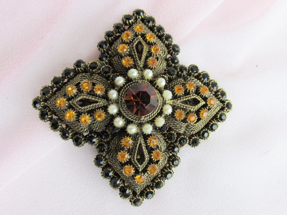 复古 Hobe' 棕色琥珀水钻 3 英寸胸针胸针金盘人造珍珠签名 — 第 1/4 张图片