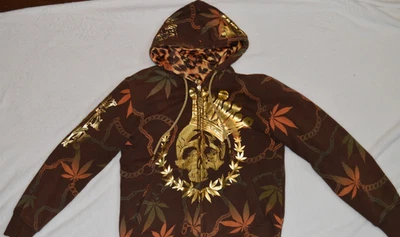 Christian Audigier Weed Reversible Leopardo Calavera Corona Sudadera con Capucha Talla Pequeña Años 2000  Foto 1 de 4