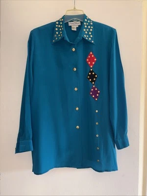 Blusa De Colección Años 90 Diane Gilman 100% Seda Verde Azulado Abstracto Diamante Tachonada Talla M Foto 1 de 4