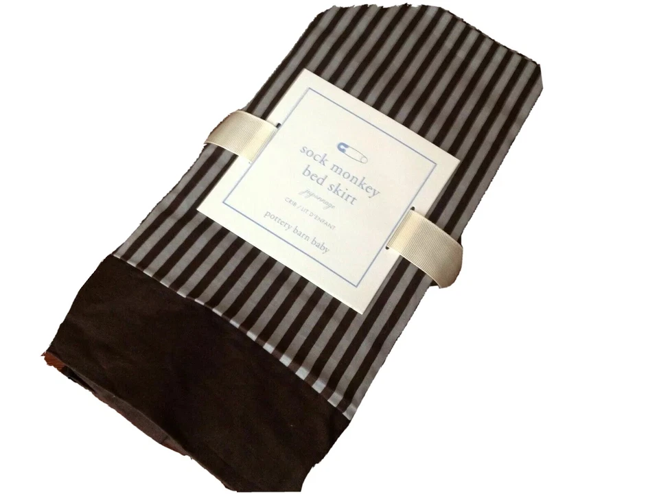NUEVO Calcetín Pottery Barn Niños Mono Cuna Cama Falda Orgánica Marrón/Gris Rayas Foto 1 de 3