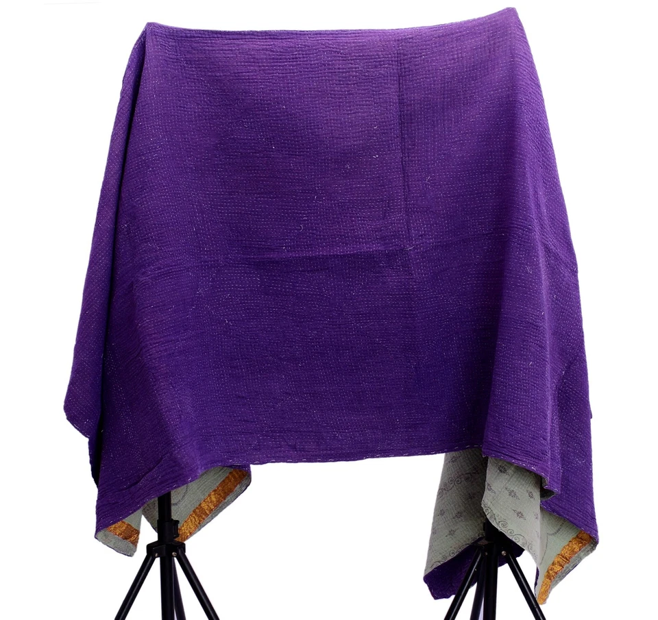 Vintage Kantha Quilt. Purple Solid Heavy Kantha Throw. Reversible Bedspread Twin - Image 1 of 3