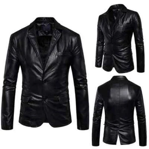 NEW Men's Genuine Lambskin Leather Blazer Jacket TWO BUTTON Slim Fit Black Coat - Picture 1 of 7
