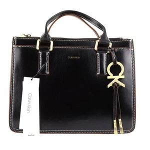 Calvin Klein Brynn Leather Satchel Purse / Handbag $298, Black / Brown - Picture 1 of 7