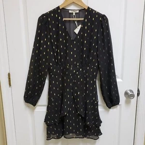 Free Generation LA Dress Size M Black Gold Dotted V Neck Ruffled Flowy - Picture 1 of 12