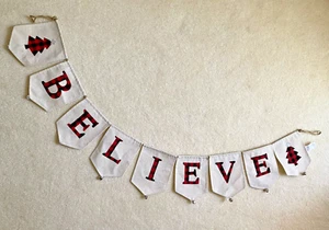BELIEVE Christmas Bunting or Banner Fabric Glitter Flags Bells Mantel Decor 43” - Picture 1 of 11