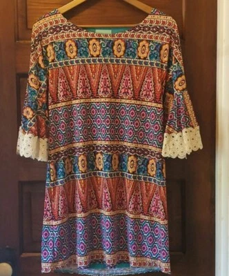 Women's Judith March Colorful 3/4 Bell Sleeve Crochet Trim Shift Dress Medium - Image 1 of 4
