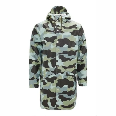 Impermeable largo con capucha y botones Gore-Tex minimalista camuflaje marino RAINS AOP para mujer XXS Foto 1 de 4