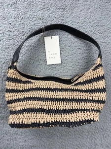 A New Day Straw Shoulder Bag Black Tan Woven Stripe Ethically Handcrafted - Picture 1 of 8