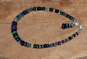 925 Sterlingsilber natürlicher äthiopischer schwarzer Opal Perlen Armband 7" Weihnachtsgeschenk - Bild 1 von 6