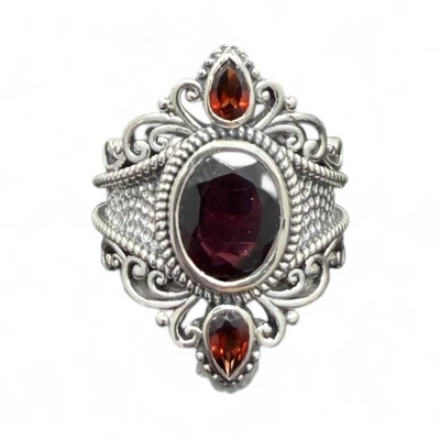 Anillo de granate rojo rodolita natural martillado plata de ley 925 talla 9 hecho a mano Foto 1 de 4
