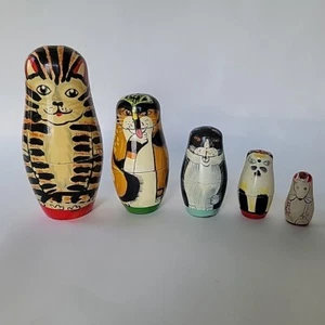 Vintage Katzen und Maus russische verschachtelte Puppen 5,5" Holz - Bild 1 von 5