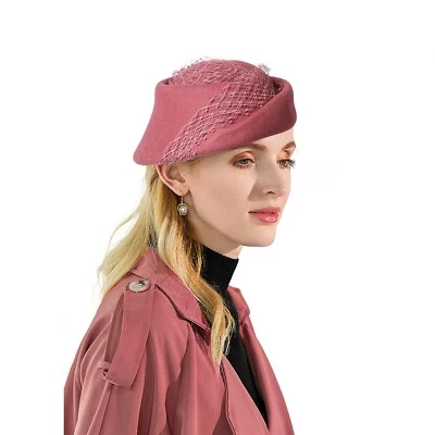 Sombrero Fascinador De Colección Fieltro de Lana Boda Fiesta del Té Vestido Cóctel Sombreros Con Malla Foto 1 de 4