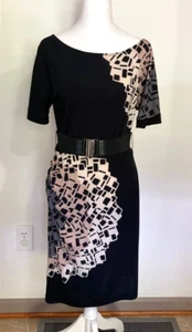 BCBG MAX AZRIA Black Evening Dress Geometic Design w/ Belt & Ruched Side Size M - Picture 1 of 6