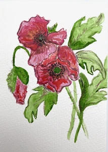 Original Painting Postcard & Envelope Poppy Beata Ulikowska 105x148mm Aquarelle - Picture 1 of 5