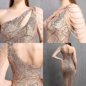 Women One Shoulder Sequins Evening Dress Beading Sleeve Formal Prom Bodycon - Picture 1 of 24