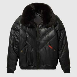 Men Leather V-Bomber Jacket Puffer Fox Fur Double Goose Lambskin Zipper Coat UK - Picture 1 of 27