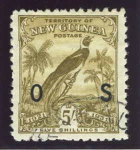 New Guinea 1931 "Birds of Paradise" Official 5s olive-brown VFU. SG O41. Sc O22. - Picture 1 of 1