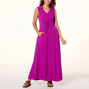 Nina Leonard Collared V-Neck Maxi Dress CRINKLE VIOLET PURPLE SZ L - Picture 1 of 10
