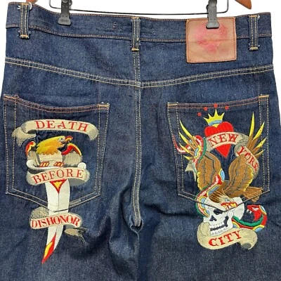 Ed Hardy Y2K Mens 38 Button Fly Wide Leg Jean 16" Shorts Embroidered Eagle Skull - Image 1 of 4