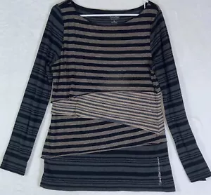 Calvin Klein T-Shirt Womens XL Black Gray Striped Quick Dry Boatneck Long Sleeve - Picture 1 of 9