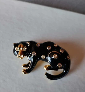 Vintage Black Leopard Brooch Pin Swarovski Crystal Signed Enamel Figure - Picture 1 of 3
