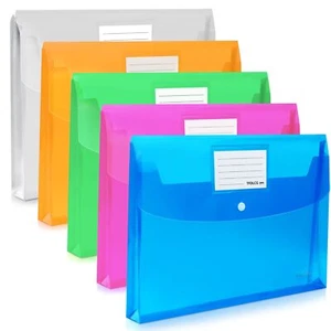 Plastic Envelopes Large Colored Clear Document Folders Snap Closure 5 Pack - Picture 1 of 7