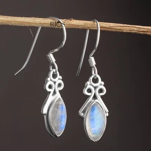 925 Sterling Silver Natural Marquise Moonstone Dangle Drop Earrings Gift Boxed - Picture 1 of 5