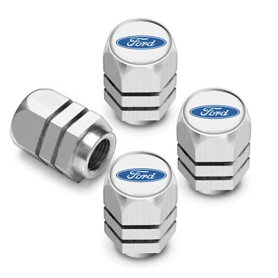 Tapas de vástago de válvula de neumático de aluminio hexagonal cromado blanco sobre plata con logotipo Ford Foto 1 de 4