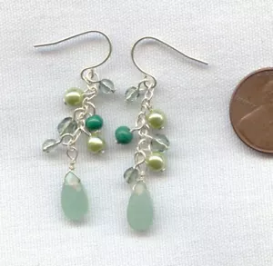 1 PAIR VINTAGE GENUINE JADE DROP BEADED CLUSTER SILVER HOOK DANGLE EARRINGS M43 - Picture 1 of 1