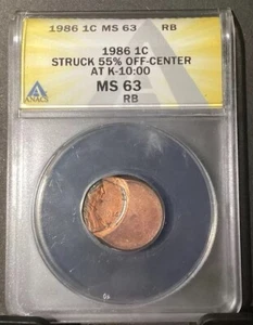 1986, Lincoln Memorial Penny ANACS MS63 RB, 55% OFF-CENTER Error With Date - Picture 1 of 4