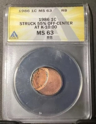 1986, Lincoln Memorial Penny ANACS MS63 RB, 55%  OFF-CENTER Error With Date - Image 1 of 4